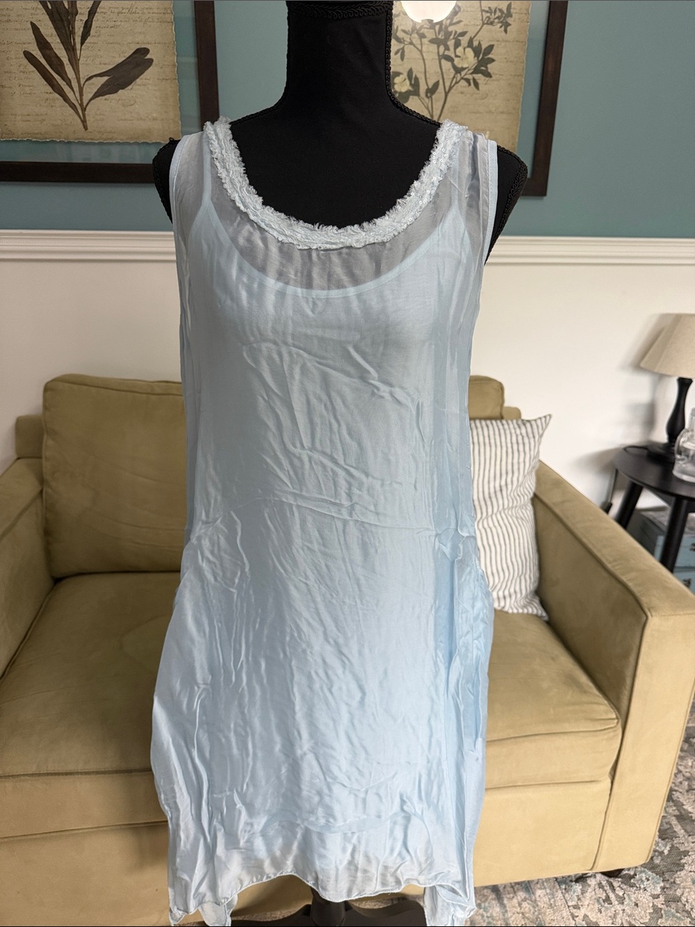 Tempo Paris Light Blue Lace-Trim Slip Dress